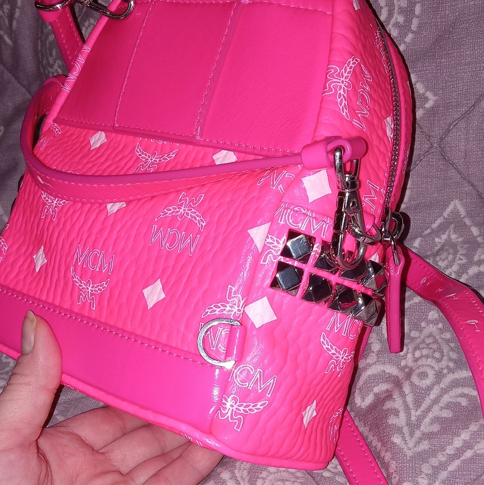 RARE Authentic MCM Neon Pink Mini backpack Crossbody bag - Picture 14 of 16